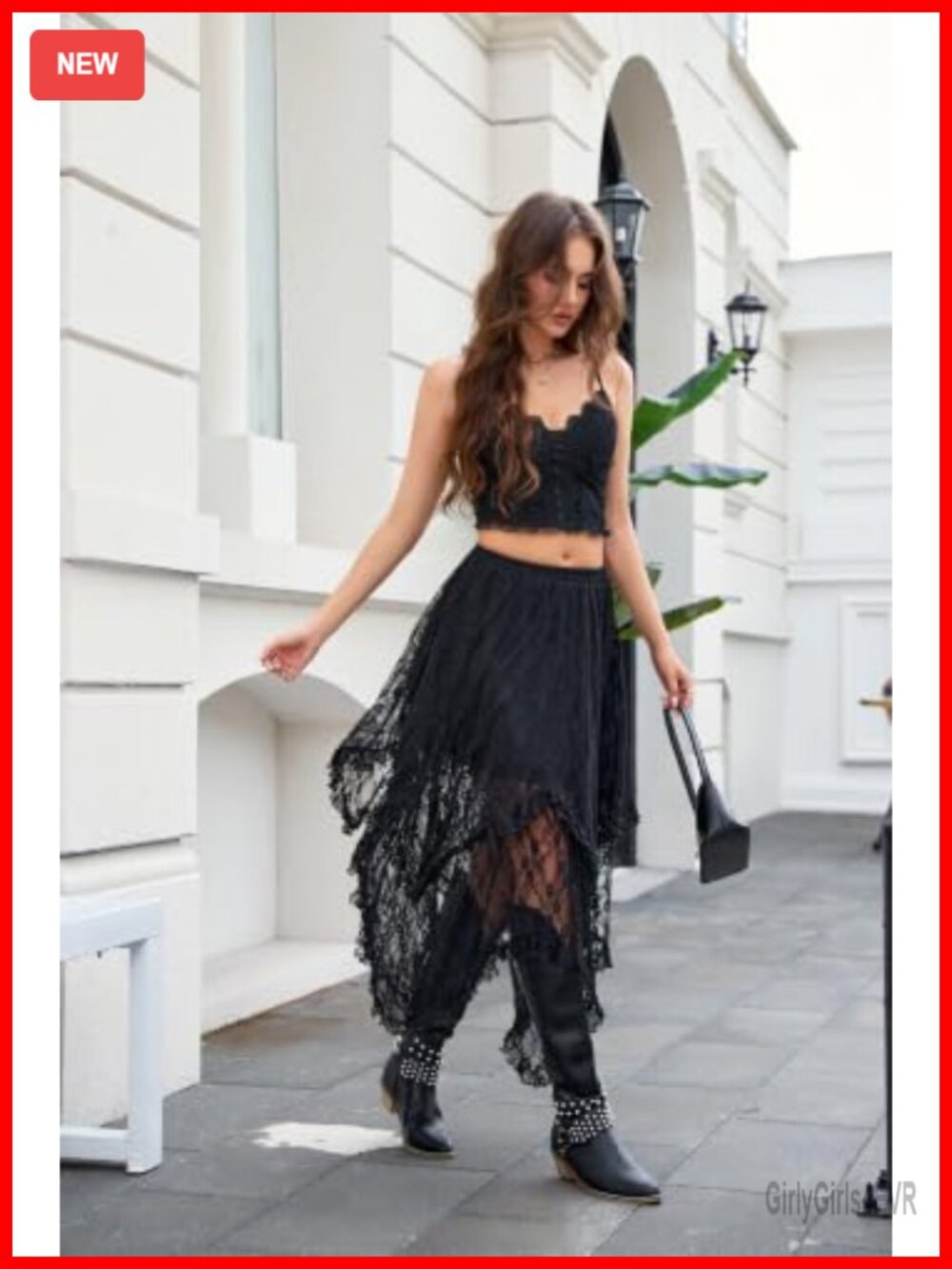 Lace Maxi Skirt Asymmetrical Ruffle Hem Flowy Boho Womens - Picture 3 of 6
